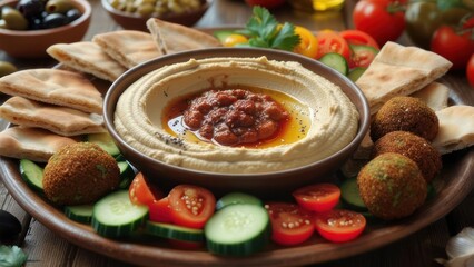 A platter of hummus, pita bread, falafel, and fresh vegetables