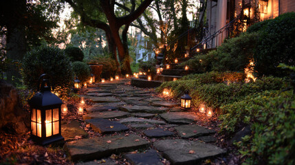 Enchanting garden pathway illuminated by lanterns at dusk