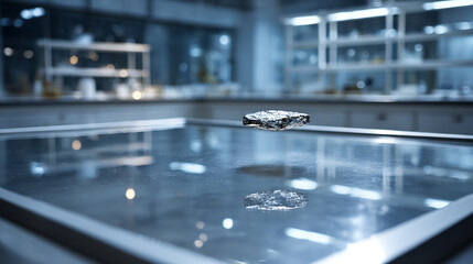 A meteor fragment levitating above a reflective lab table symbolizing scientific discovery cosmic mystery and advanced experimentation representing the intersection of space matter and human curiosity