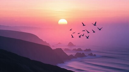Coastal Sunset with Flying Birds and Dramatic Sky.
