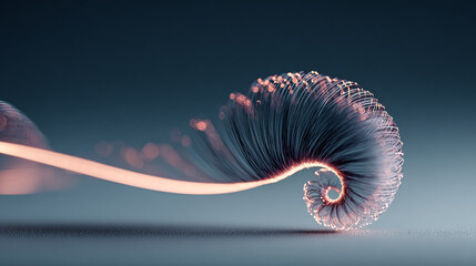 Fiber optic spiral glows in studio shot. Use for tech, science, or futuristic marketing.