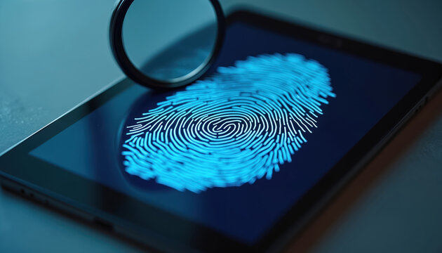 Magnifying glass examines digital fingerprint on tablet screen. Tech concept for online security data protection. Biometric identification identity verification digital forensics. - Powered by Adobe