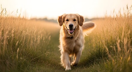 Golden retriever dog pet animal canine mammal nature outdoors field grass running happy light sunset