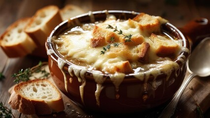 A rustic bowl of French onion soup, topped with melted cheese and croutons