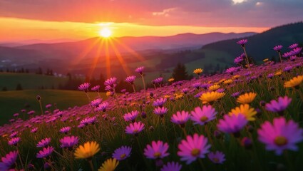 Colorful Wildflower Meadow Bathed in Golden Sunset Light.