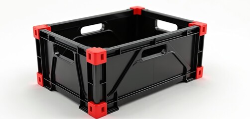 Black plastic storage crate with vibrant red corners rests on pure white background. Empty, collapsible container perfect for efficient organization, transport, packing needs. Versatile, durable box