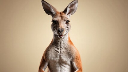 Kangaroo smiling happily in a playful pose on a beige background
