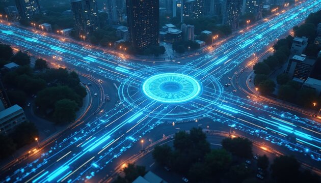 Aerial view of futuristic city intersection illuminated by blue light trails. Advanced traffic management system utilizes AI to optimize flow, respond to incidents. Image represents smart urban