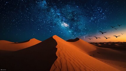 Cosmic Night Sky Over Golden Sand Dunes with Flying Birds.