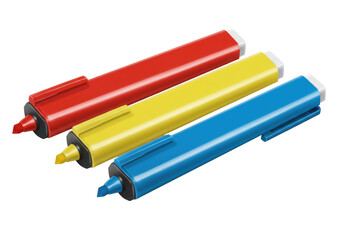 Isolated set of three multi-colored markers, including red, yellow, and blue markers for office and school