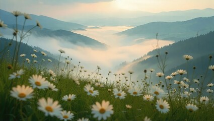 Daisies on a Hillside Overlooking a Foggy Mountain Valley at Sunrise.