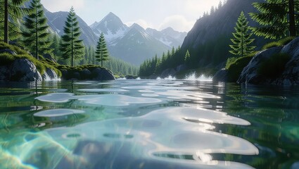 Crystal Clear River Flowing Through a Mountain Valley Forest.