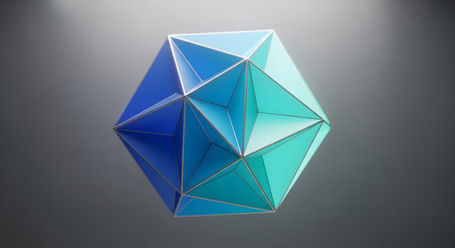 Geometric polyhedron with facets of blue and turquoise light. - Powered by Adobe