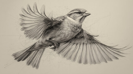 Sparrow Takes Flight: A highly-detailed pen drawing showcasing dynamic bird movement. Captures nature's beauty. Ideal for art prints, editorial, web design.