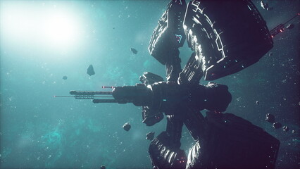 A colossal spacecraft hovers amidst a dazzling asteroid field, illuminated by a distant star. The scene captures the vastness of space and the wonder of exploration.
