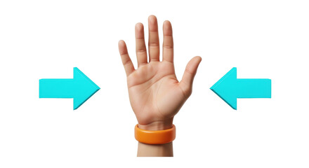 Isolated hand palm with cyan pointers and orange bracelet pointing to the middle space