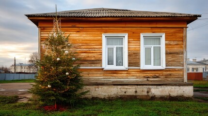 A large red ornament sits above evergreen branches with smaller red ornaments hanging down at a cozy window during the holidays