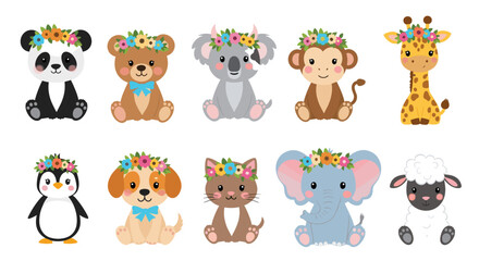 A delightful collection of adorable baby animals wearing beautiful floral wreaths.