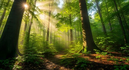 Fototapeta premium Stunning sun rays shine through a vibrant green forest, creating a magical, peaceful atmosphere for nature lovers