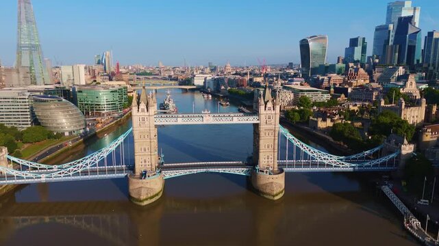 London Skyline Aerial Cityscape Flythrough Over River Thames Towards Tower Bridge