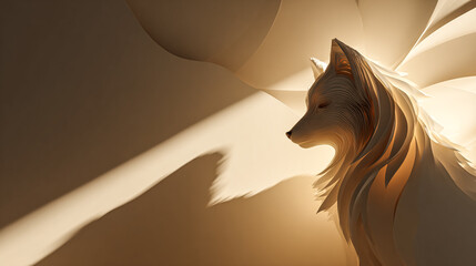 Paper fox stands in golden light. Conceptual. Use for web design, marketing, cards, and prints.