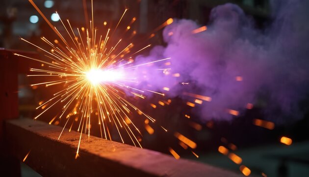 Metal grinding sparks fly in industrial workshop. Bright orange sparks and purple smoke rise during metalwork process. Factory machinery operates in background with blurred motion.
