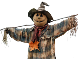 A creepy scarecrow with a smiling face, dressed in tattered clothes, standing guard over a fall harvest setting.