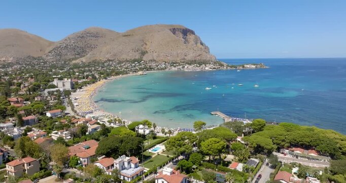 Aerial view of Mondello Bay near Palermo, Sicily, Italy. It's a beautiful gulf and a popular tourist destination for Sicilian summer vacations. In background is Gallo Cape.