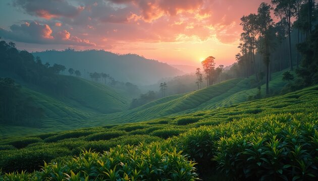 Beautiful tea plantation landscape on rolling green hills at sunrise. Agricultural fields cover mountain valley with morning fog. Scenic sun rises over farm estate in Sri Lanka. Nature view of asian