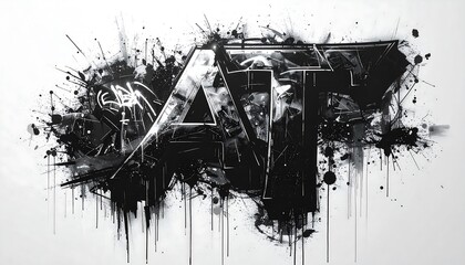 A striking grayscale composition features bold, geometric lettering overlaid with splattered paint effects, creating a grungy, abstract look