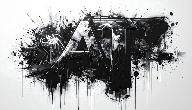 A striking grayscale composition features bold, geometric lettering overlaid with splattered paint effects, creating a grungy, abstract look