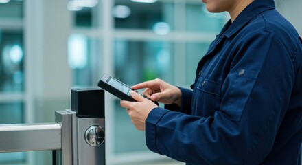 Maintenance technician uses digital tablet to scan and diagnose automatic security gate. Perfect for smart security, facility managemen