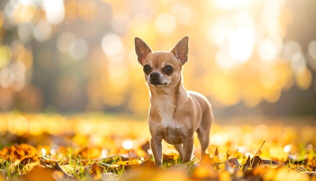A small, tan-colored canine stands attentively in a sunlit field covered in autumn leaves, its ears perked up. The background has soft bokeh - Powered by Adobe
