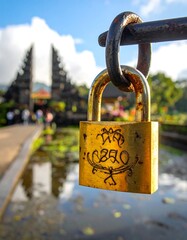Golden padlock hangs, blurry traditional temple in backdrop, serene scene