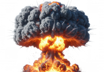 Fiery mushroom cloud explosion isolated on a transparent background