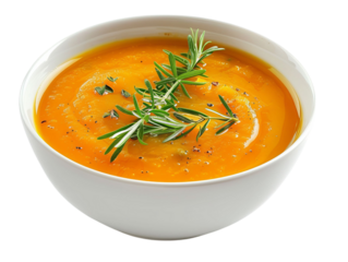 A vibrant orange soup garnished with fresh rosemary, showcasing a warm and inviting dish perfect for any meal.