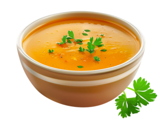 Delicious bowl of vibrant orange soup garnished with fresh herbs, perfect for a cozy meal.