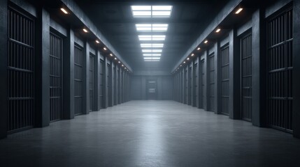 Empty prison corridor with dim lighting and barred doors showcasing a stark and eerie atmosphere of confinement and isolation