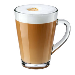 A tall glass mug filled with a layered beverage, crowned with creamy foam and a light brown spot