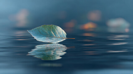 A minimal leaf floats above reflective water in hyperrealistic detail. The scene symbolizes balance, purity, and quiet harmony, blending natural simplicity with calm reflection and gentle light.