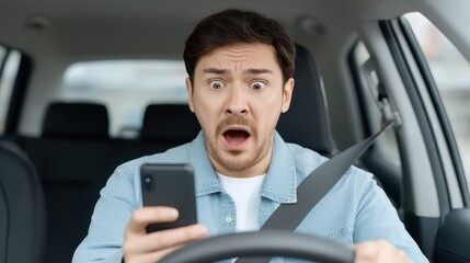Shocked man in car looking at smartphone with surprised expression while driving, illustrating dangers of distracted driving and mobile phone use on roads