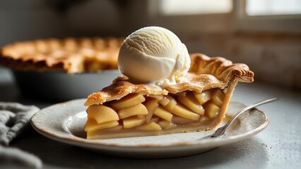 A slice of apple pie with vanilla ice cream on a plate
