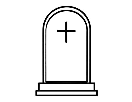A simple black and white illustration of a tombstone, a rectangular monument with a cross symbol on its face
