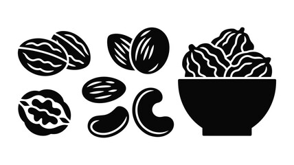 Black and white illustration of various nuts and dried fruits arranged on a white background