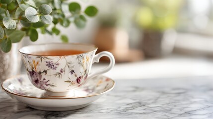 Elegant Floral Tea Cup on Marble Table with Soft Greenery in Warm Natural Light