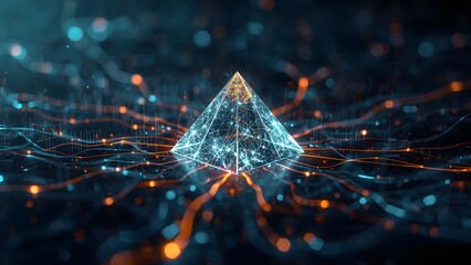 Digital connectivity concept with pyramid shape and glowing light trails