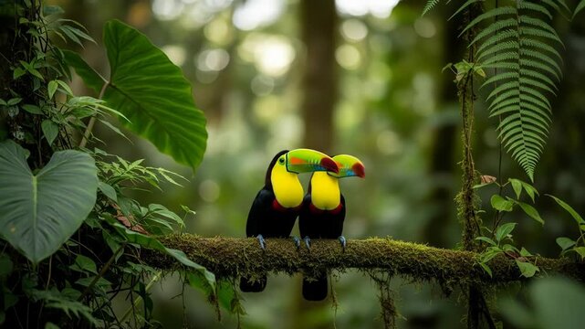 Two vibrant toucans perch on a mossy branch amidst lush rainforest foliage