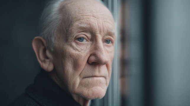 Thoughtful elderly man gazing out of a window, reflecting on life, with a calm expression, featuring soft light and neutral colors in a serene indoor setting - Powered by Adobe