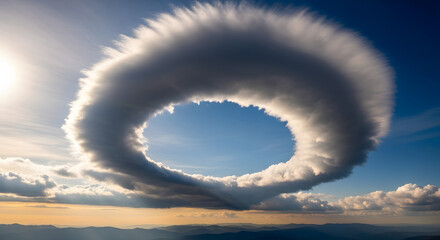 A unique ring cloud forms against a bright sky at sunset.