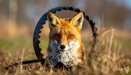 A red fox trapped in a metal snare, its face showing concern. Autumnal tones and shallow depth of field. Focus on the animal's expressive eyes